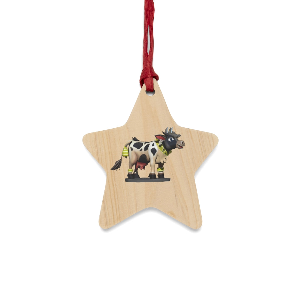 Black Cow Wooden Christmas Ornaments in various whimsical shapes, featuring a rustic wood finish and red ribbons for hanging.