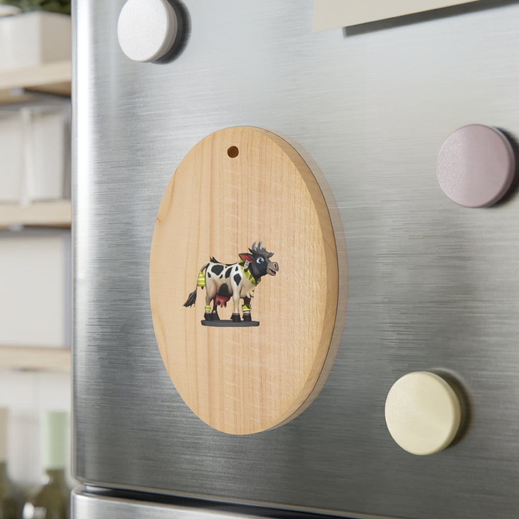 Black Cow Wooden Christmas Ornaments in various whimsical shapes, featuring a rustic wood finish and red ribbons for hanging.