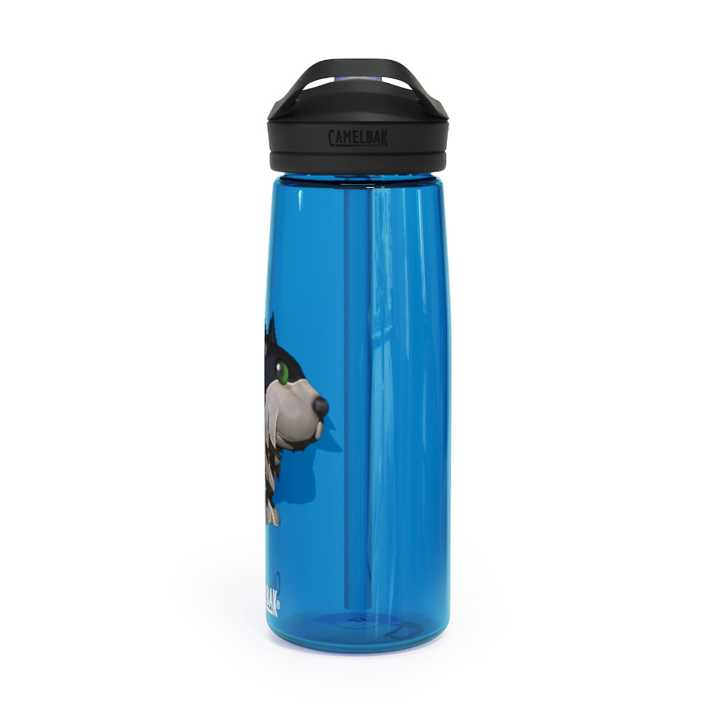Black Dog CamelBak Eddy® Water Bottle in 20oz and 25oz sizes, showcasing its durable Tritan™ material and spill-proof design.