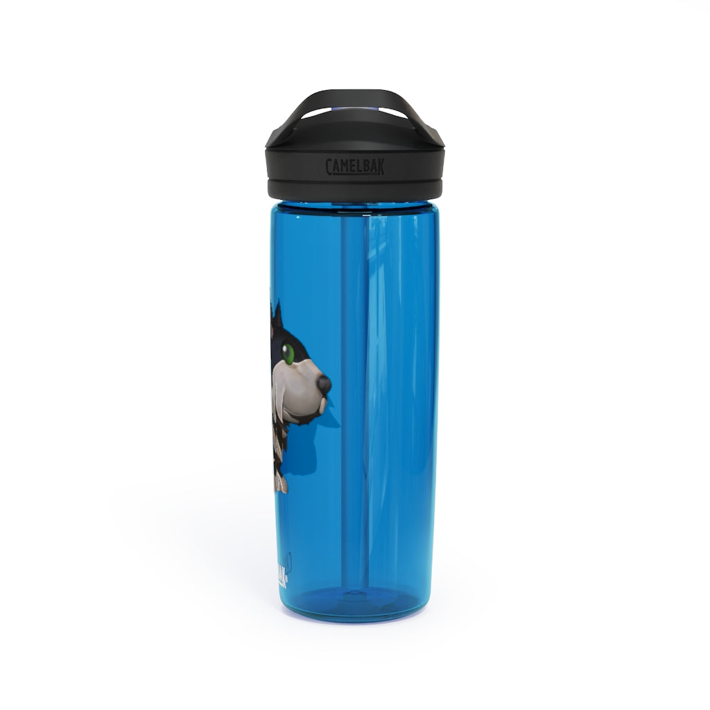 Black Dog CamelBak Eddy® Water Bottle in 20oz and 25oz sizes, showcasing its durable Tritan™ material and spill-proof design.