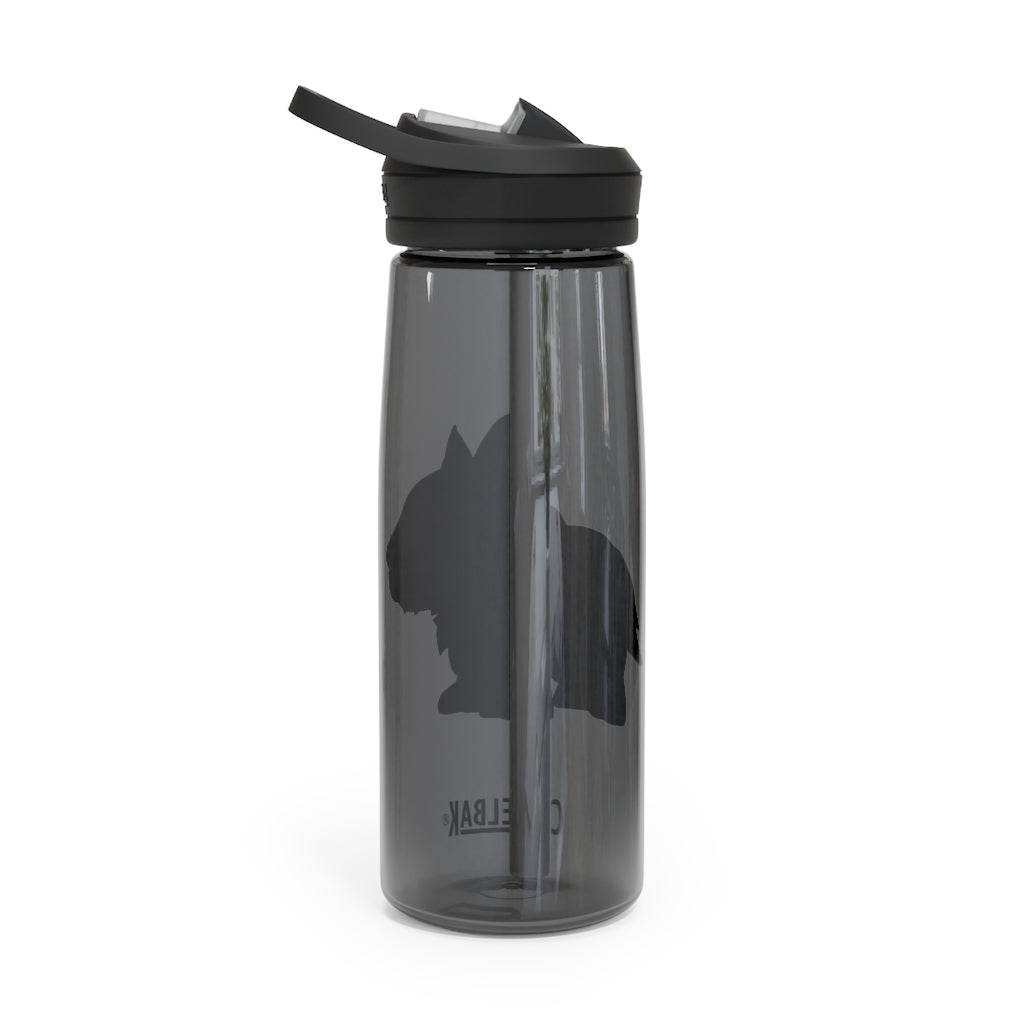 Black Dog CamelBak Eddy® Water Bottle in 20oz and 25oz sizes, showcasing its durable Tritan™ material and spill-proof design.