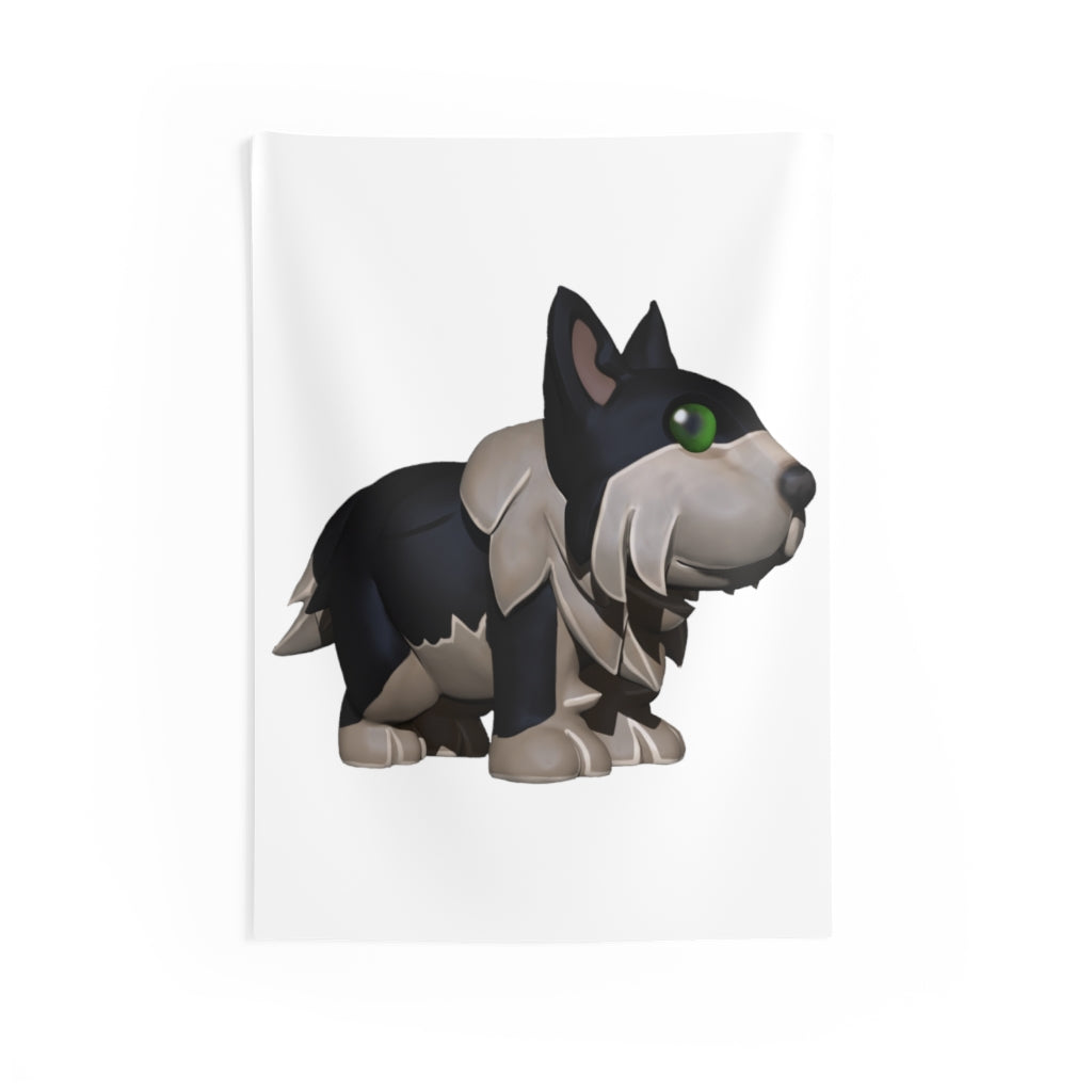 Black Dog Indoor Wall Tapestry showcasing vibrant colors and intricate designs, made from durable polyester with hemmed edges.