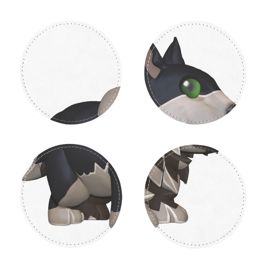 A pack of four Black Dog Sublimation Coasters made from PU leather, showcasing square and round shapes with a white printable face and white stitching.