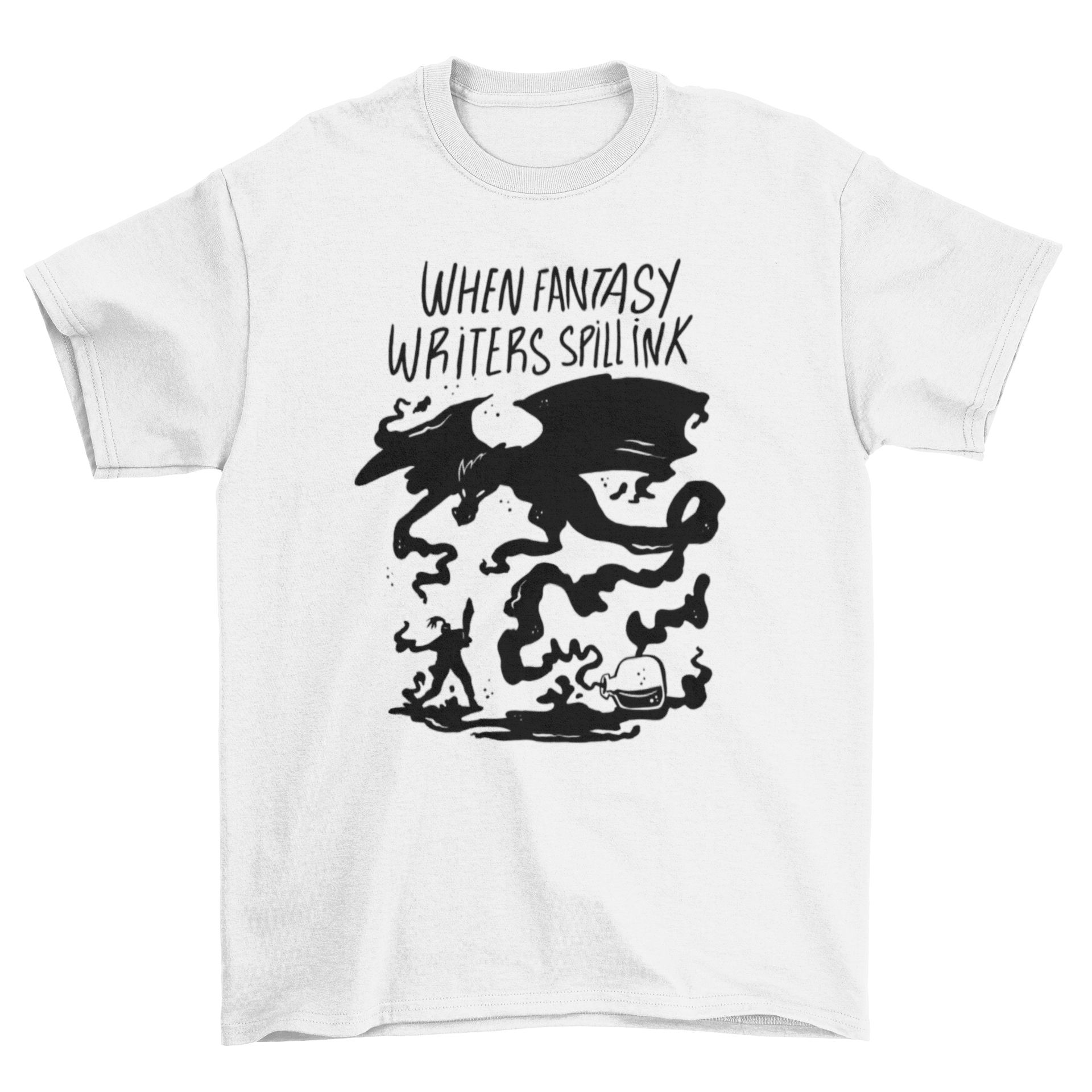 Black t-shirt featuring an ink dragon design and the quote 'When fantasy writers spill ink', perfect for fantasy writers and enthusiasts.