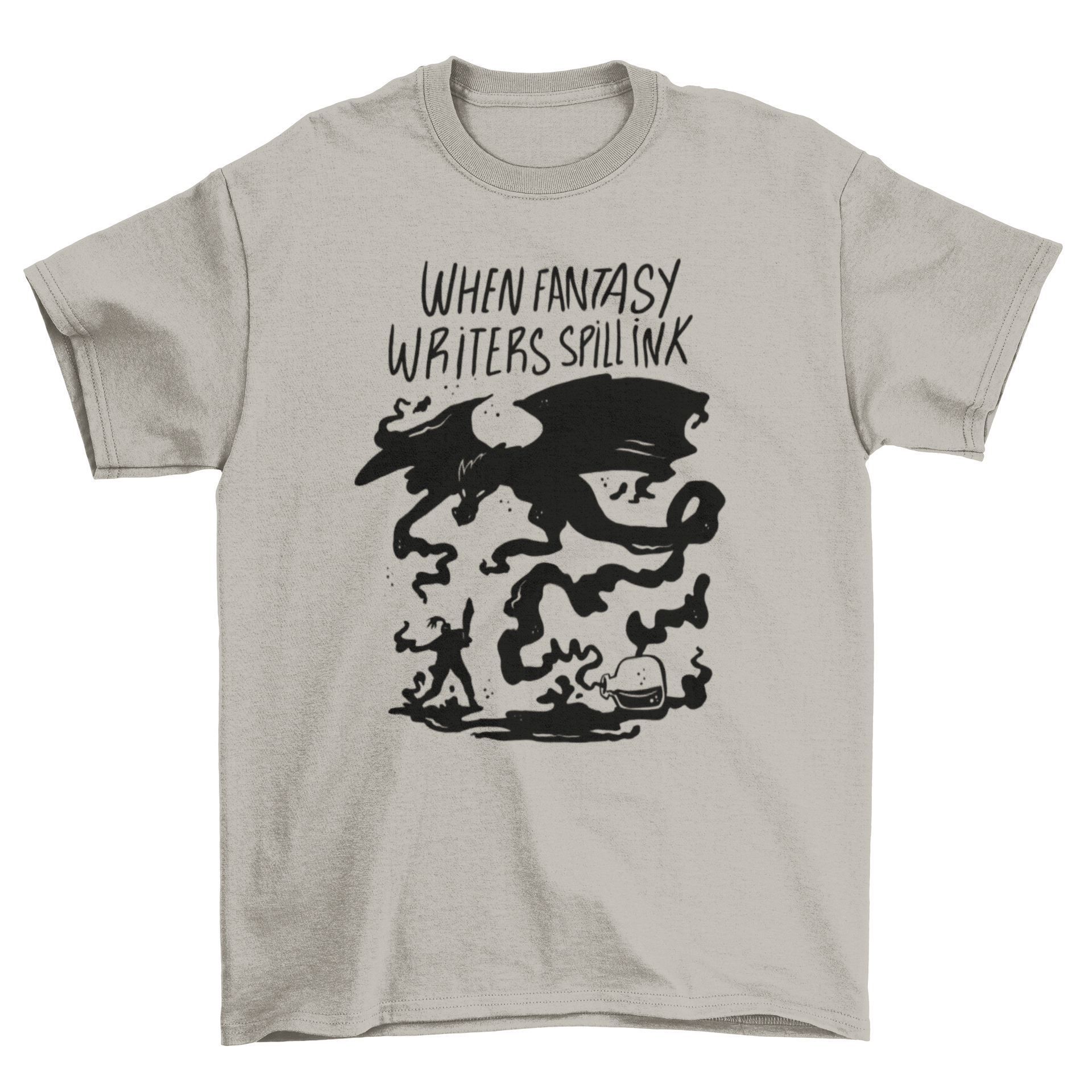 Black t-shirt featuring an ink dragon design and the quote 'When fantasy writers spill ink', perfect for fantasy writers and enthusiasts.