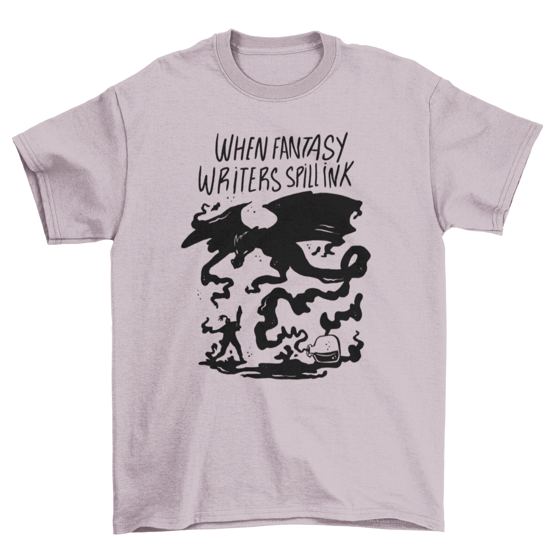 Black t-shirt featuring an ink dragon design and the quote 'When fantasy writers spill ink', perfect for fantasy writers and enthusiasts.