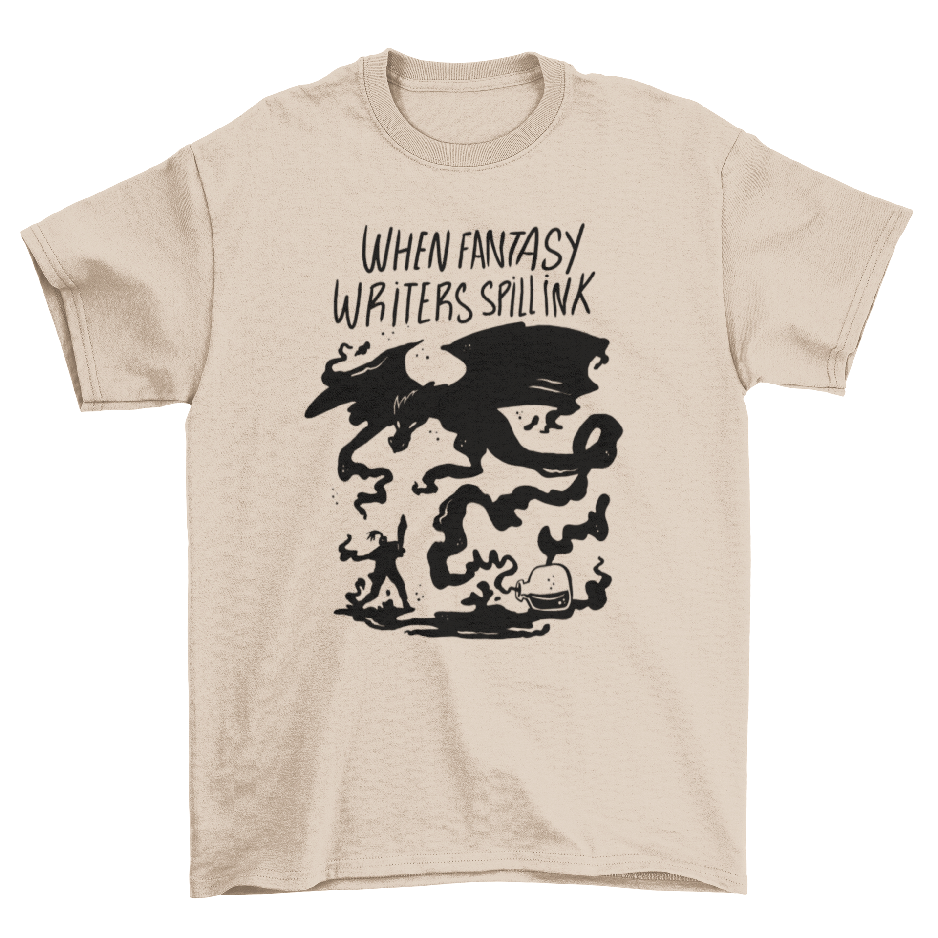 Black t-shirt featuring an ink dragon design and the quote 'When fantasy writers spill ink', perfect for fantasy writers and enthusiasts.