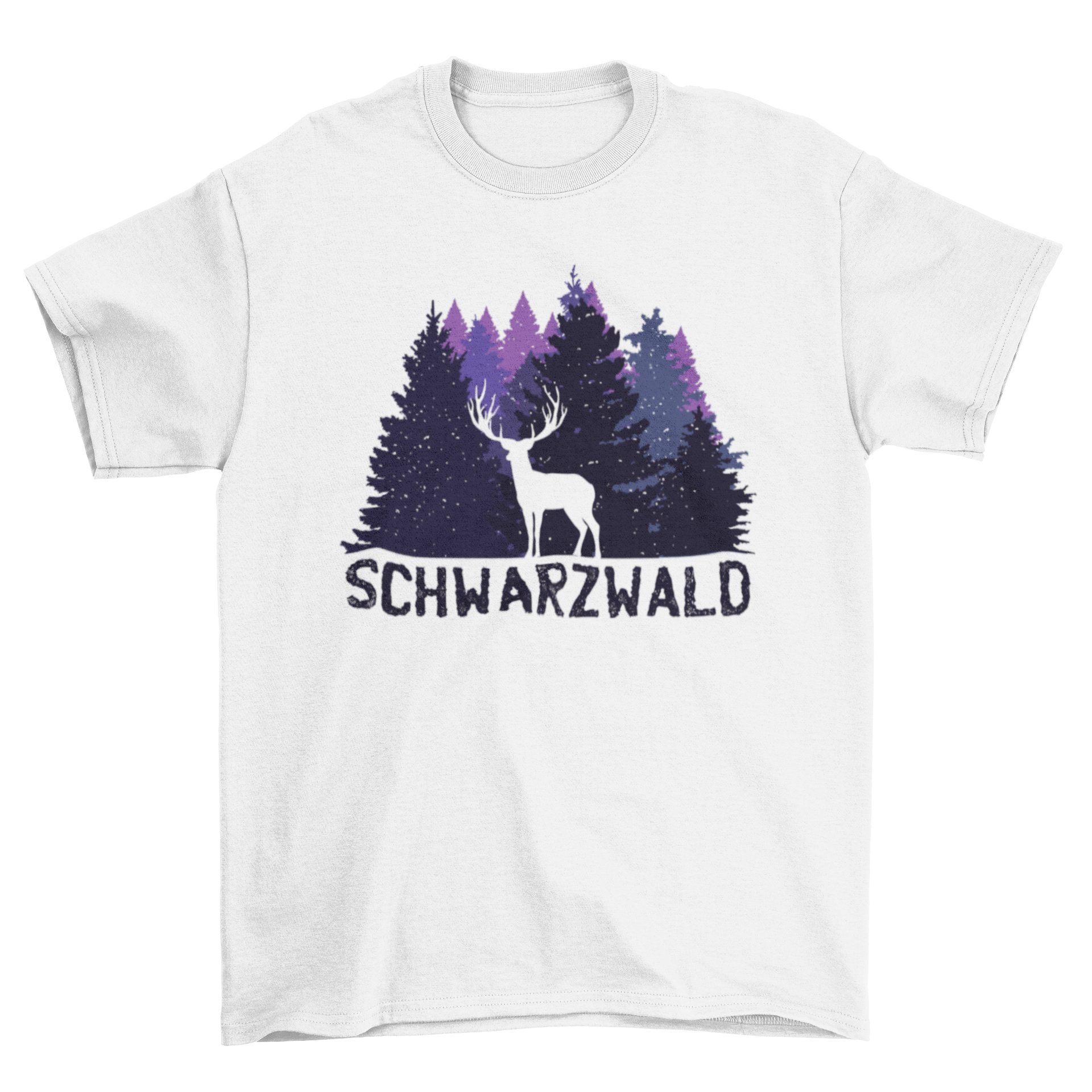 Black Forest German T-shirt featuring a dark purple forest design with a buck silhouette and the word SCHWARZWALD in German.