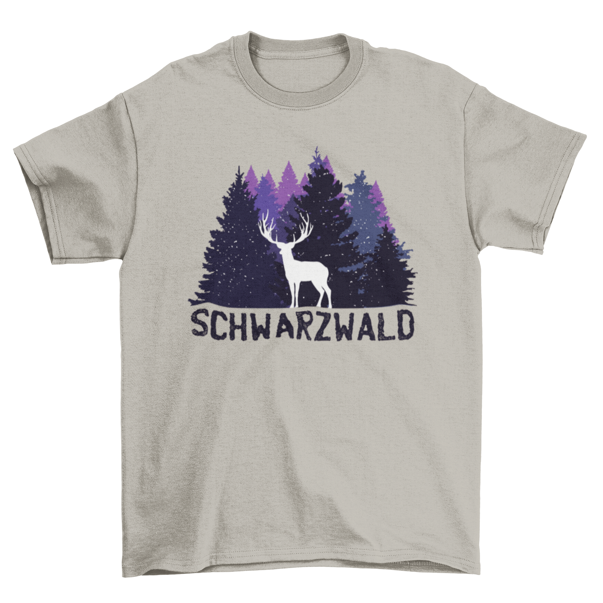 Black Forest German T-shirt featuring a dark purple forest design with a buck silhouette and the word SCHWARZWALD in German.