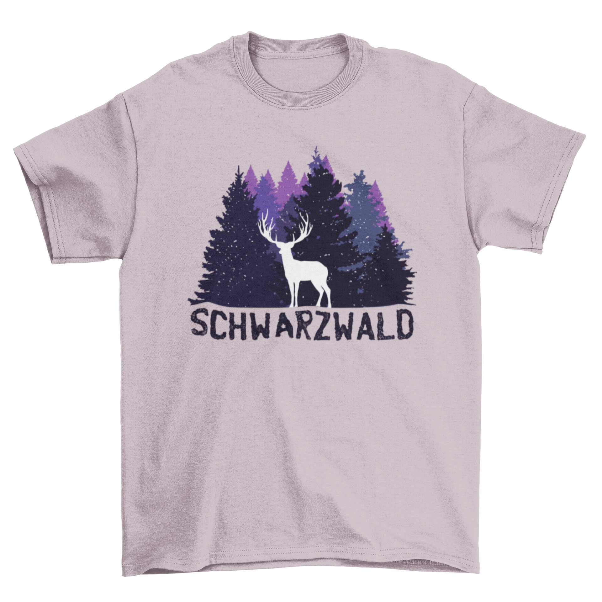 Black Forest German T-shirt featuring a dark purple forest design with a buck silhouette and the word SCHWARZWALD in German.