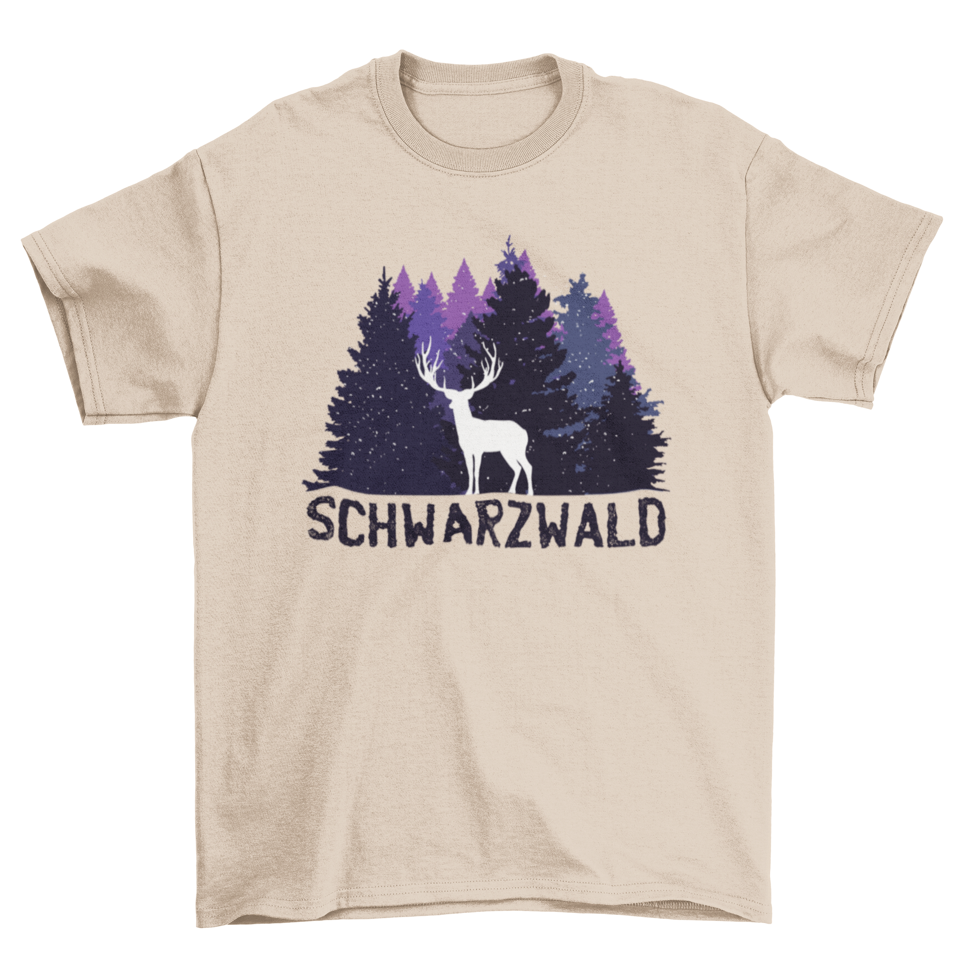 Black Forest German T-shirt featuring a dark purple forest design with a buck silhouette and the word SCHWARZWALD in German.