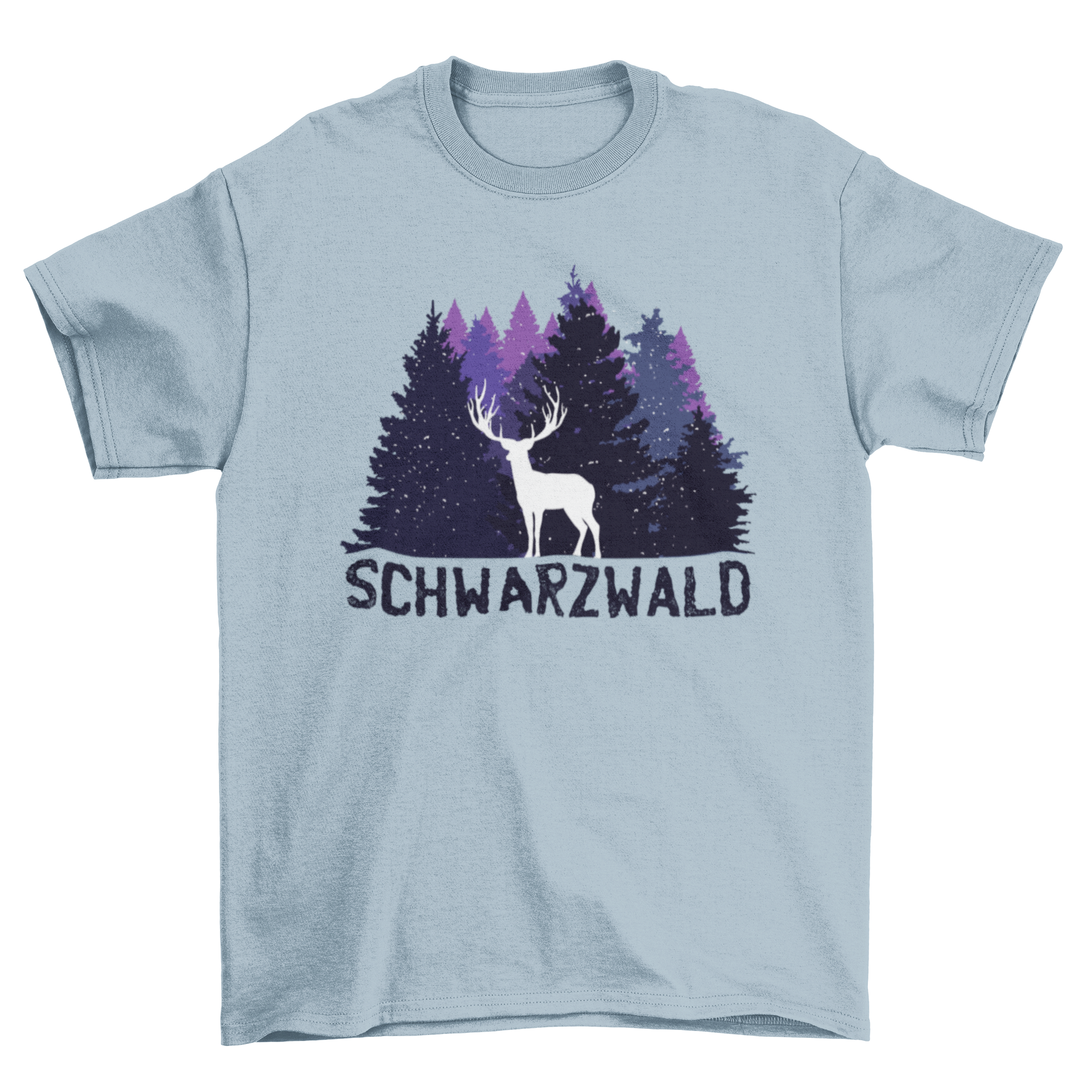 Black Forest German T-shirt featuring a dark purple forest design with a buck silhouette and the word SCHWARZWALD in German.