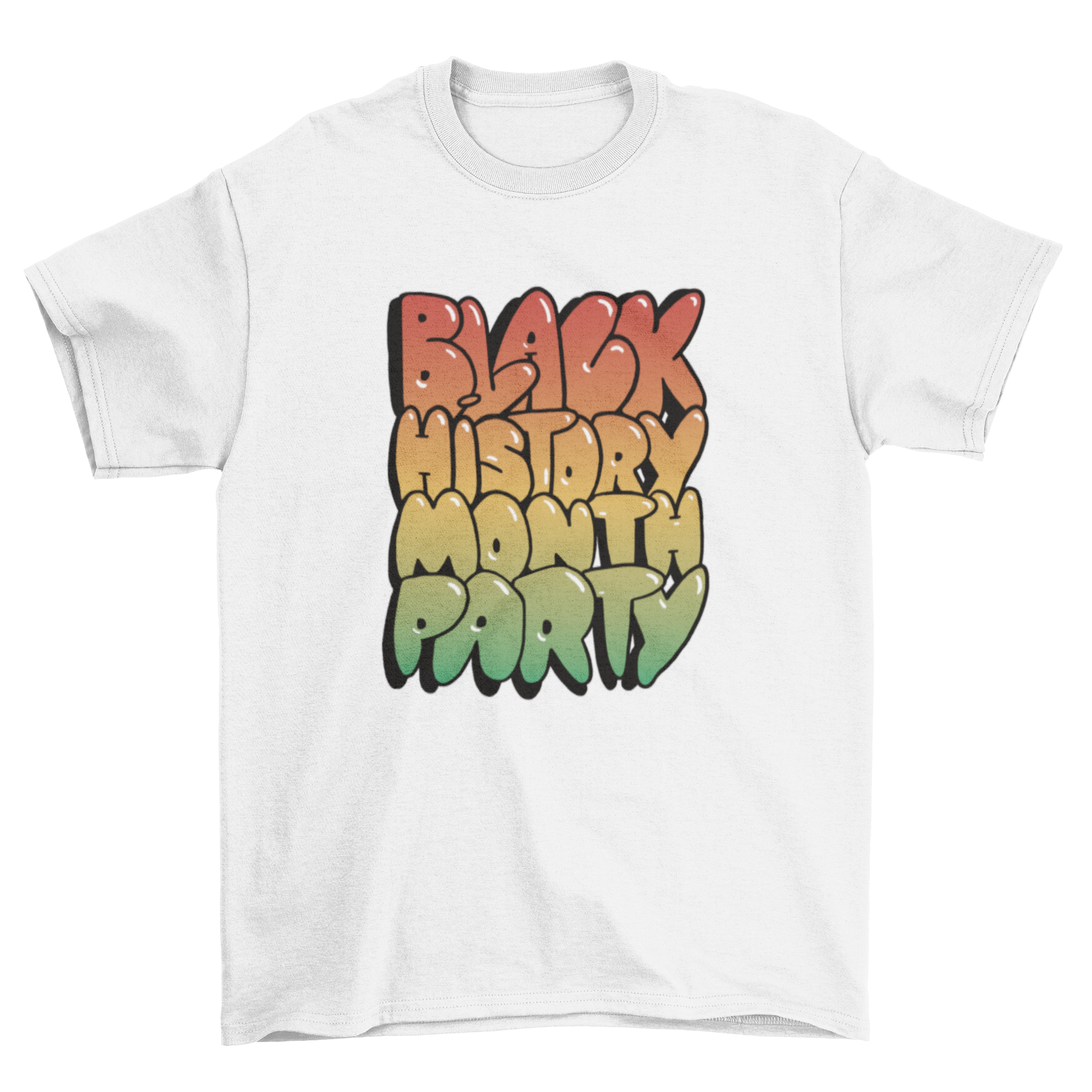 Black t-shirt featuring the quote 'Black History Month Party' in glossy lettering, perfect for celebrating Black History Month.