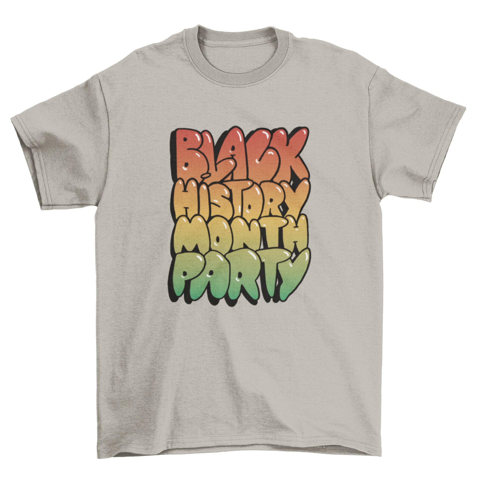 Black t-shirt featuring the quote 'Black History Month Party' in glossy lettering, perfect for celebrating Black History Month.