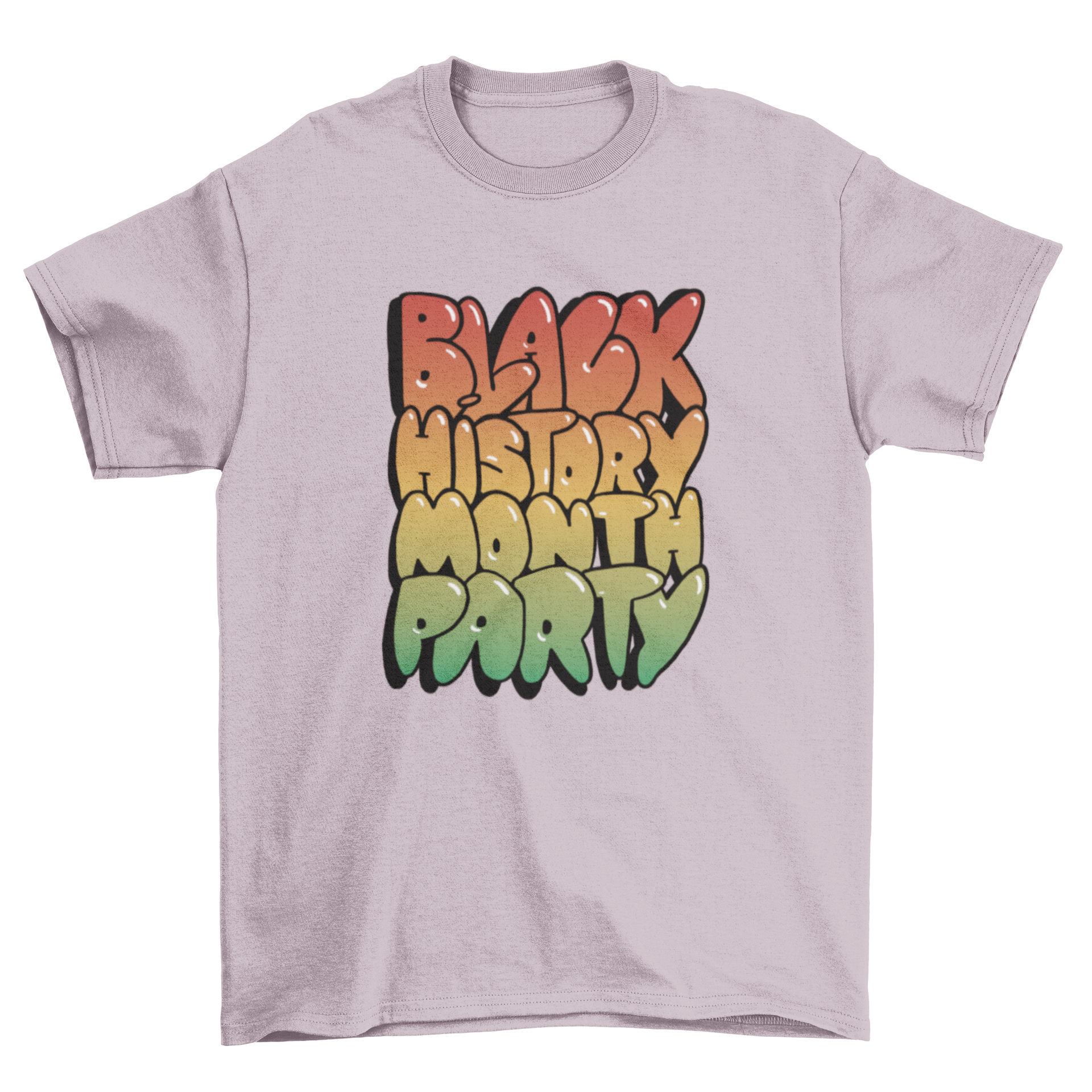 Black t-shirt featuring the quote 'Black History Month Party' in glossy lettering, perfect for celebrating Black History Month.