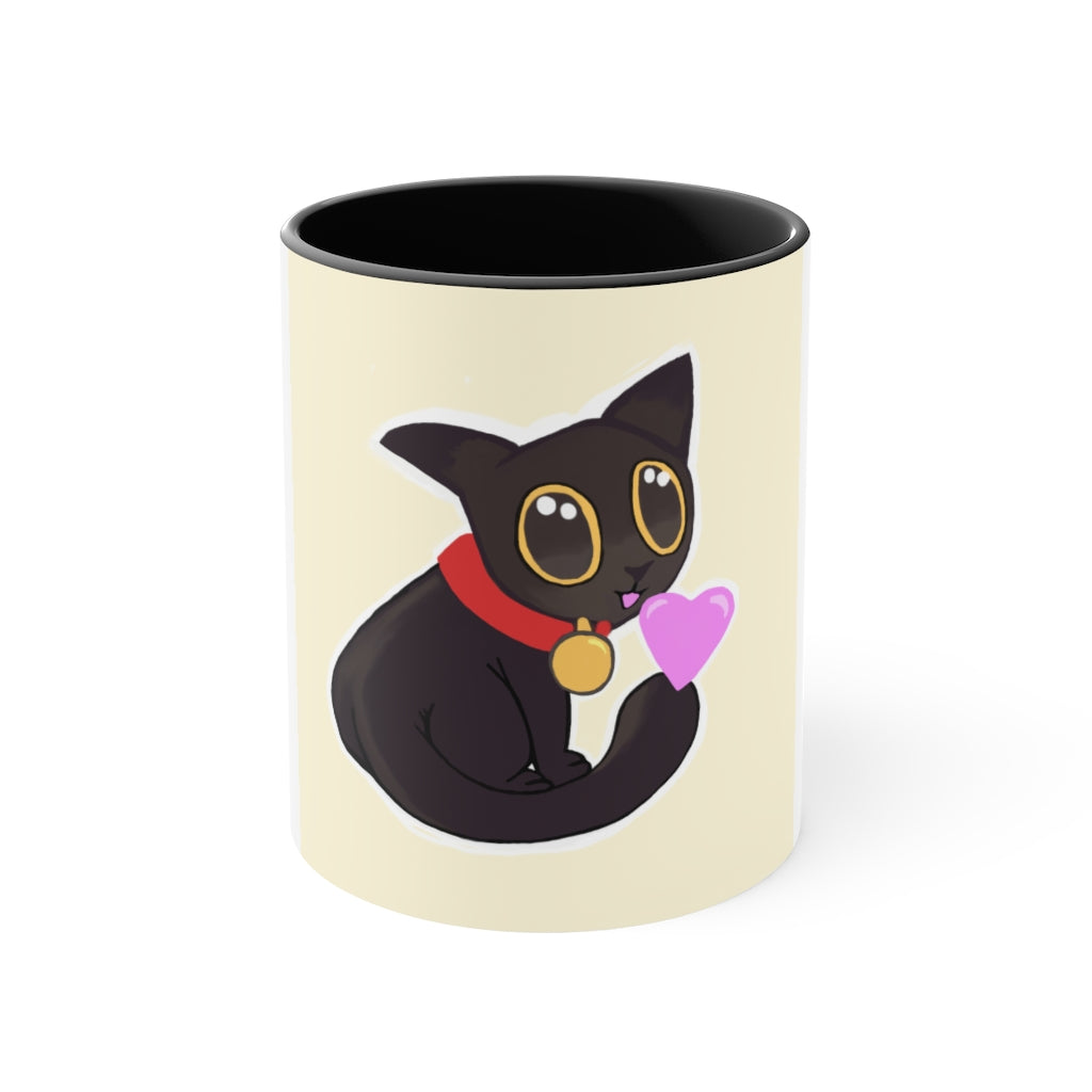 A stylish Black Kitty Accent Mug featuring a white exterior and a colored interior, perfect for cat lovers.