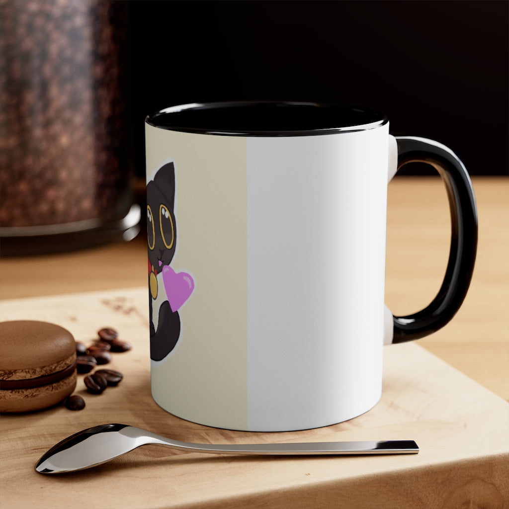 A stylish Black Kitty Accent Mug featuring a white exterior and a colored interior, perfect for cat lovers.