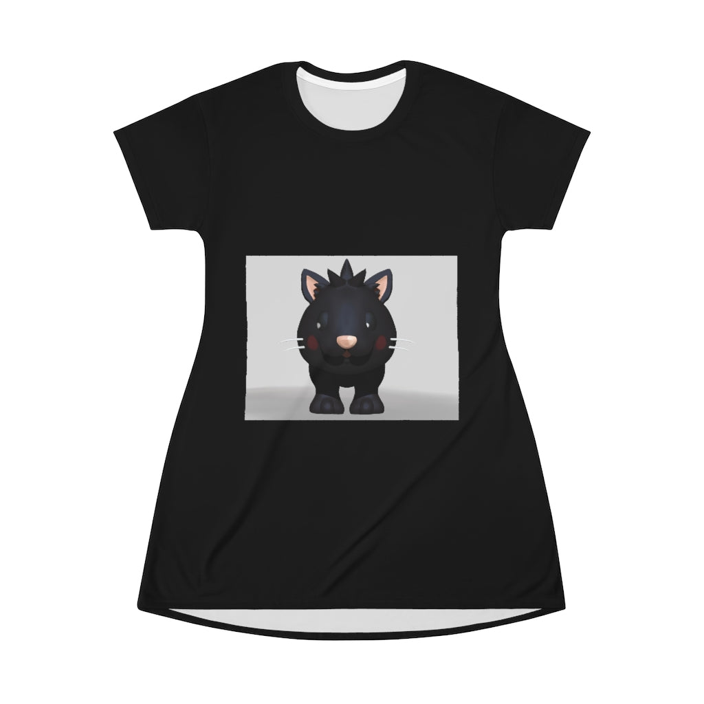 Black Kitty All Over Print T-Shirt Dress featuring playful kitty designs on a lightweight fabric.