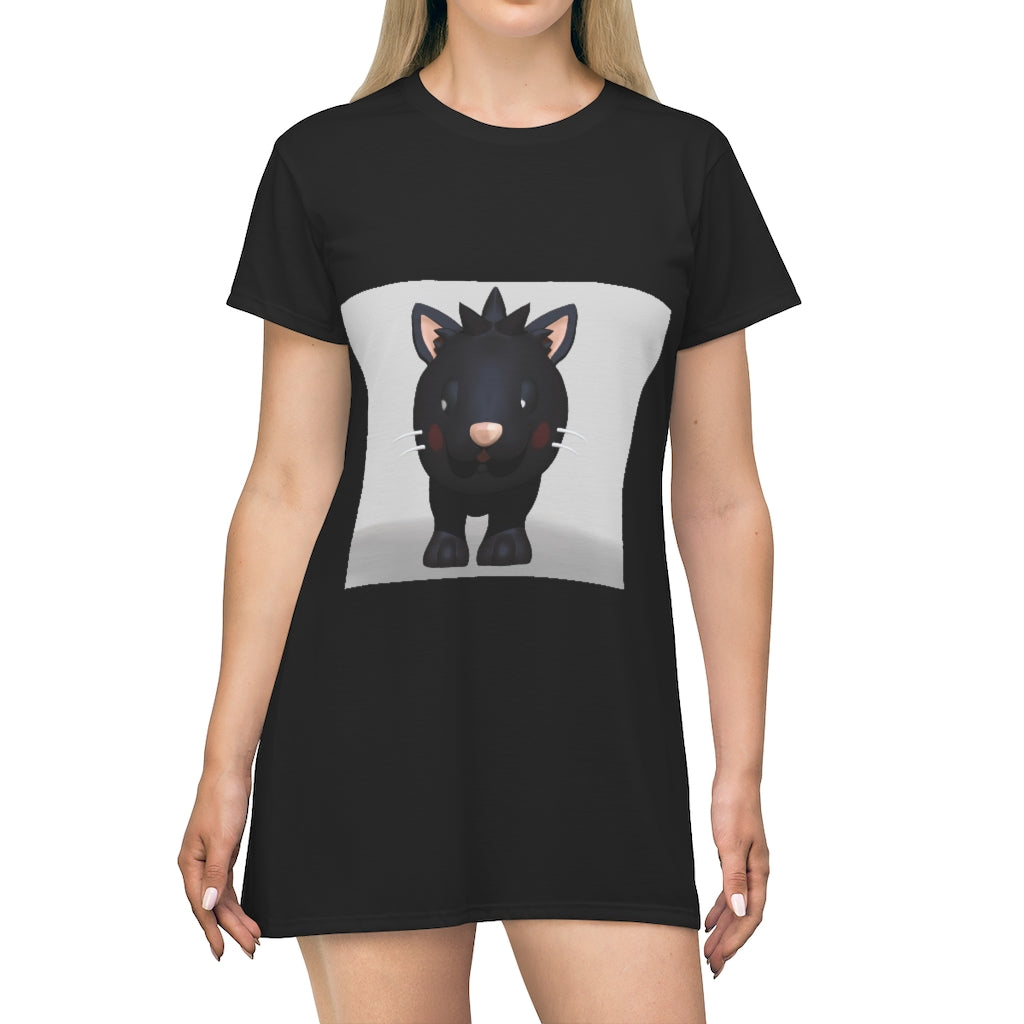Black Kitty All Over Print T-Shirt Dress featuring playful kitty designs on a lightweight fabric.