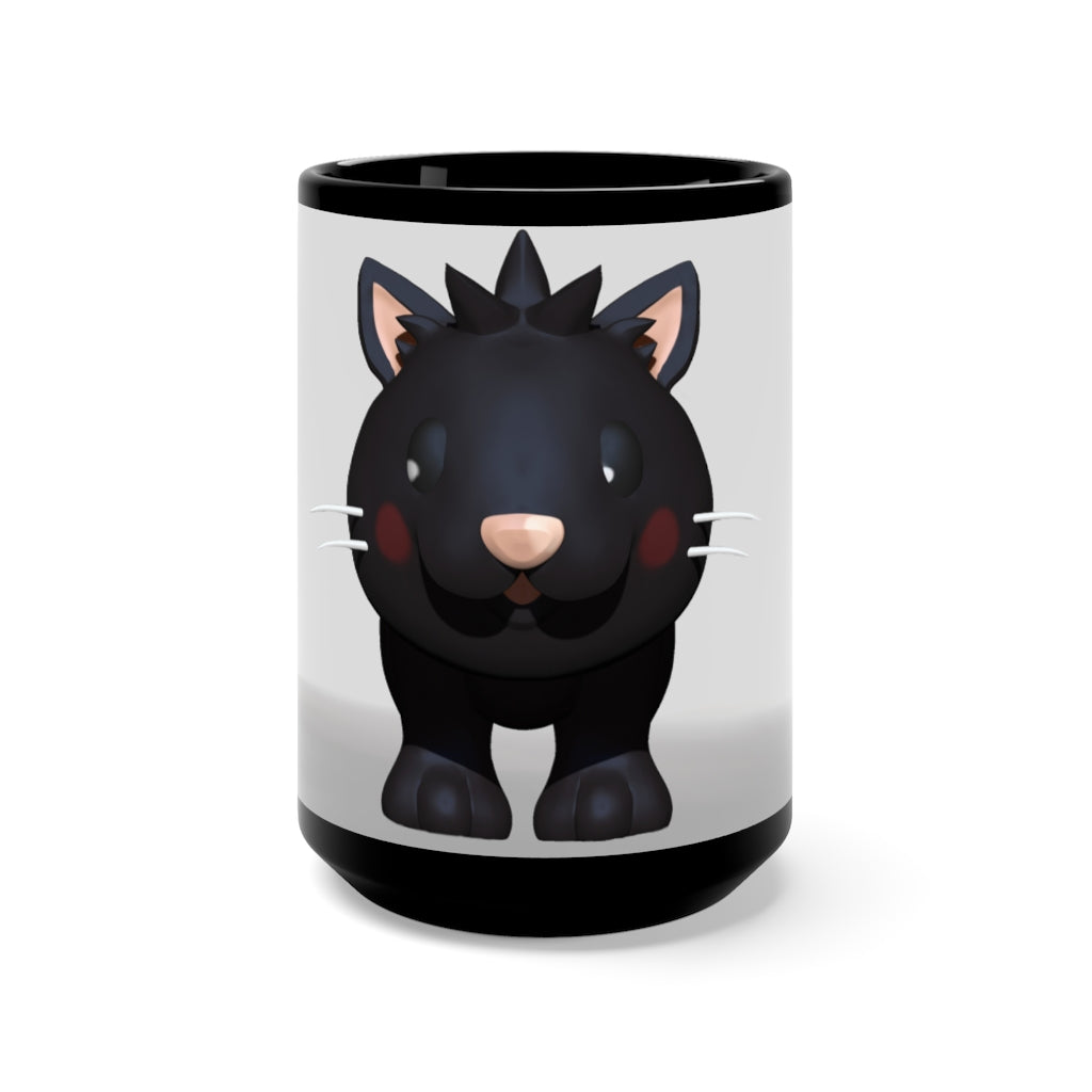 A stylish black ceramic mug with a C-handle, featuring a unique design, perfect for coffee and tea lovers.