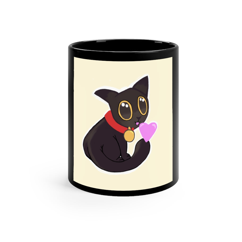 A stylish 11oz black ceramic mug with rounded corners and a C-handle, featuring a full-wrap decoration design.