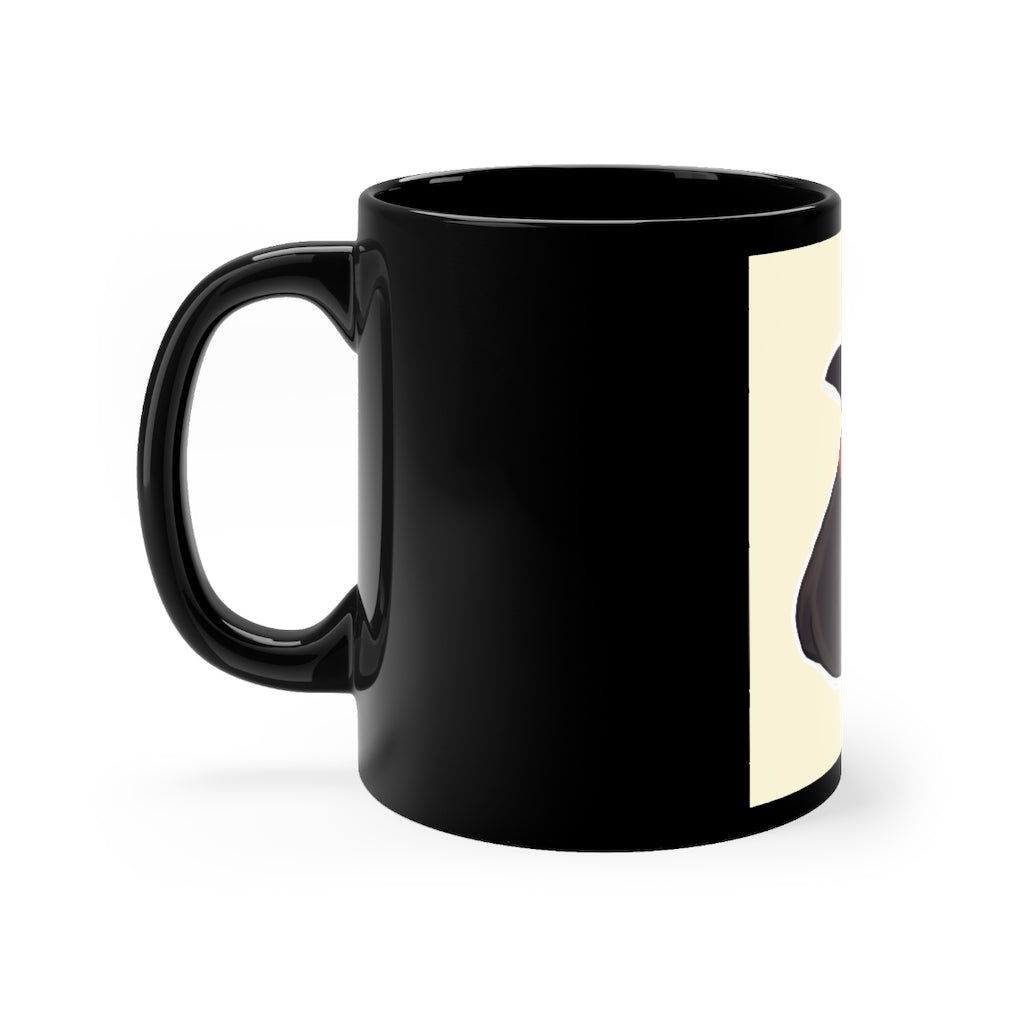 A stylish 11oz black ceramic mug with rounded corners and a C-handle, featuring a full-wrap decoration design.