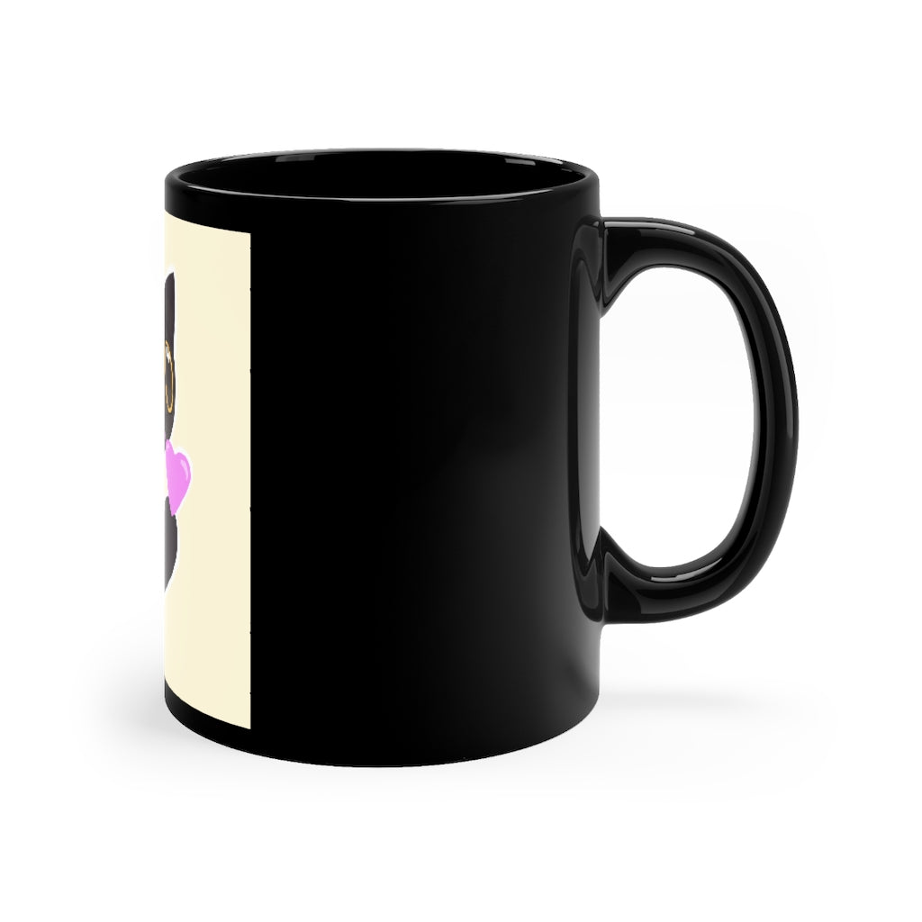 A stylish 11oz black ceramic mug with rounded corners and a C-handle, featuring a full-wrap decoration design.