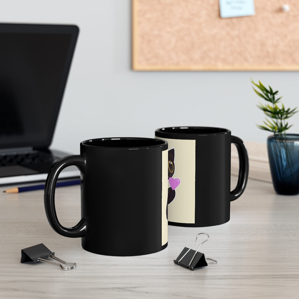 A stylish 11oz black ceramic mug with rounded corners and a C-handle, featuring a full-wrap decoration design.