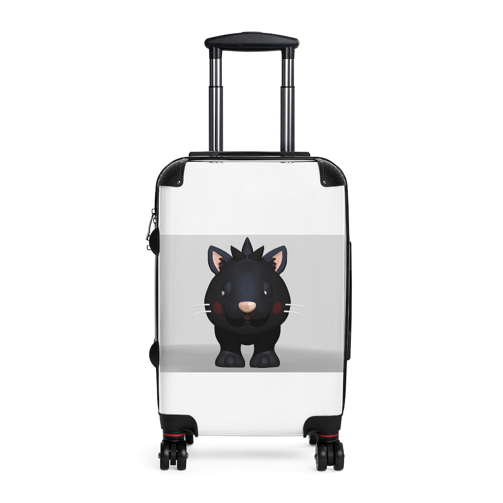 Black Kitty Cabin Suitcase featuring a personalized faux leather design, adjustable handle, and 360° swivel wheels.