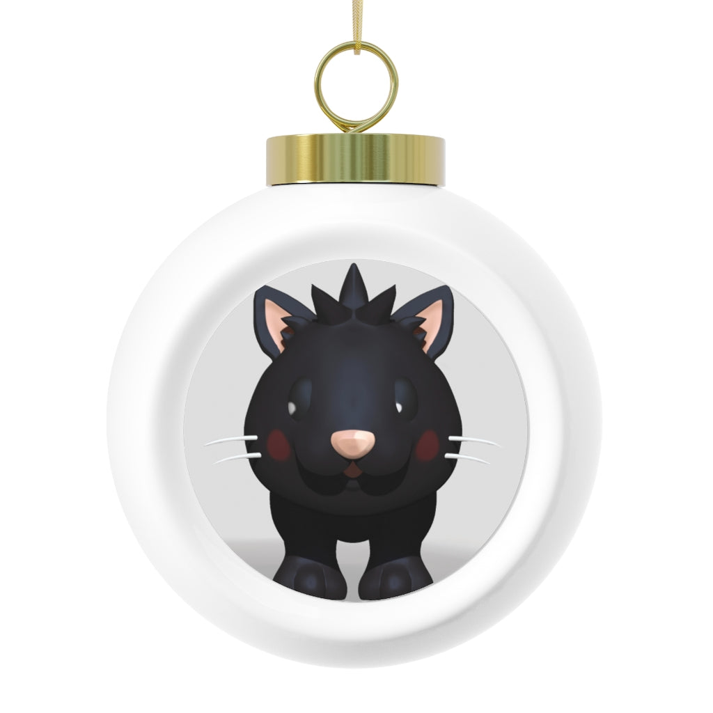 Black Kitty Christmas Ball Ornament with glossy finish and gold ribbon, featuring a vintage style design perfect for holiday decor.
