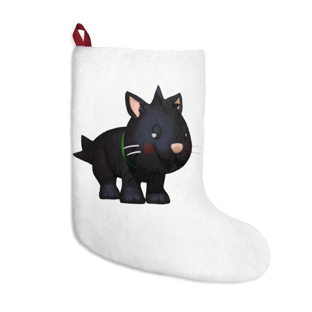 Black Kitty Christmas Stocking made of soft fleece with a twill ribbon loop, featuring a playful kitty design.