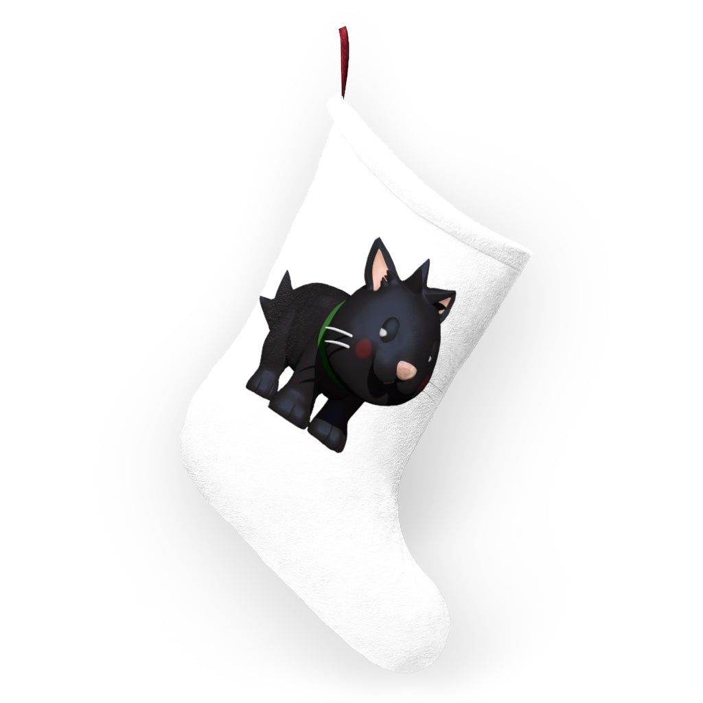 Black Kitty Christmas Stocking made of soft fleece with a twill ribbon loop, featuring a playful kitty design.