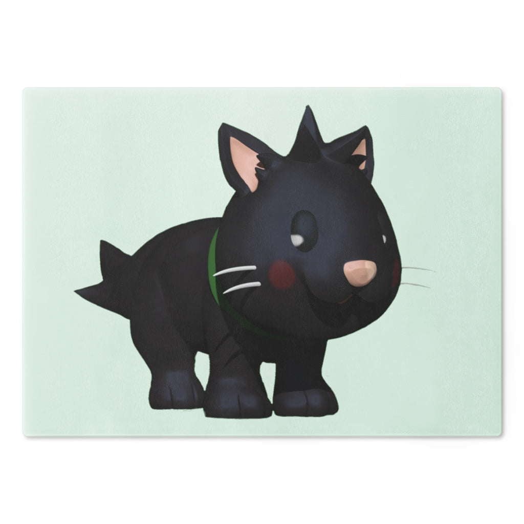 A stylish Black Kitty Cutting Board made of tempered glass, featuring a playful black cat design and four rubber dots for stability.