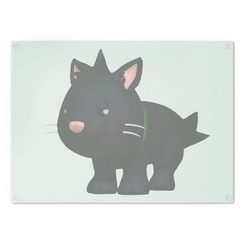 A stylish Black Kitty Cutting Board made of tempered glass, featuring a playful black cat design and four rubber dots for stability.