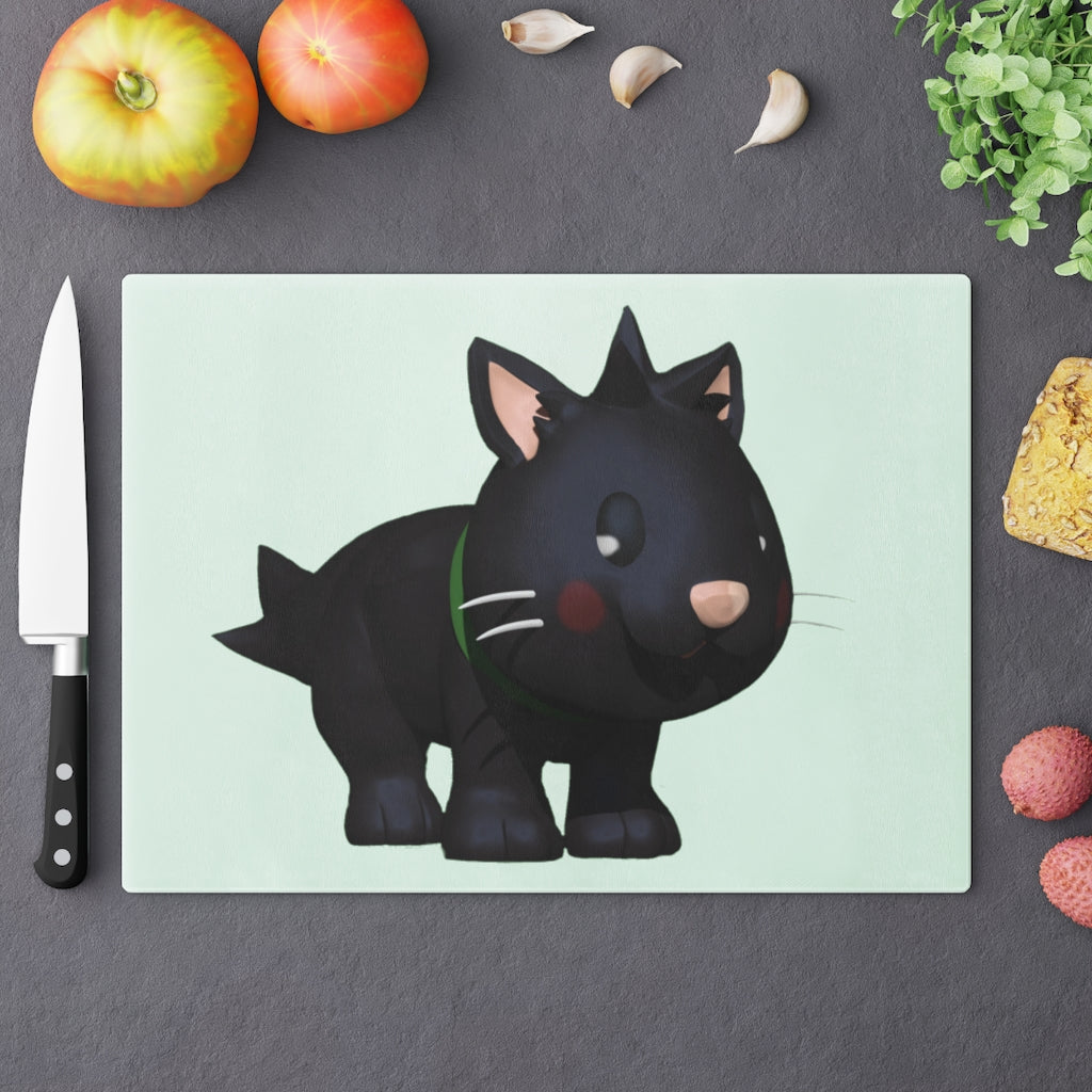 A stylish Black Kitty Cutting Board made of tempered glass, featuring a playful black cat design and four rubber dots for stability.