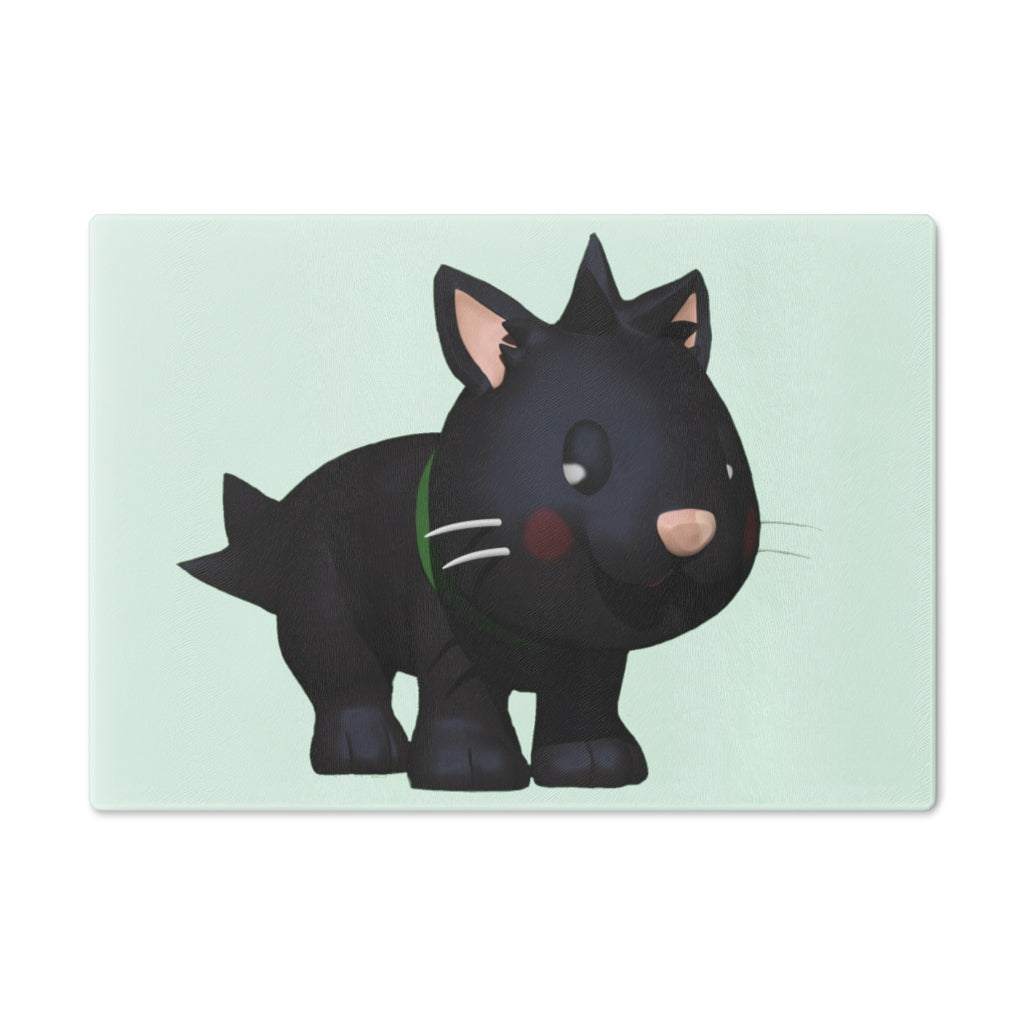 A stylish Black Kitty Cutting Board made of tempered glass, featuring a playful black cat design and four rubber dots for stability.