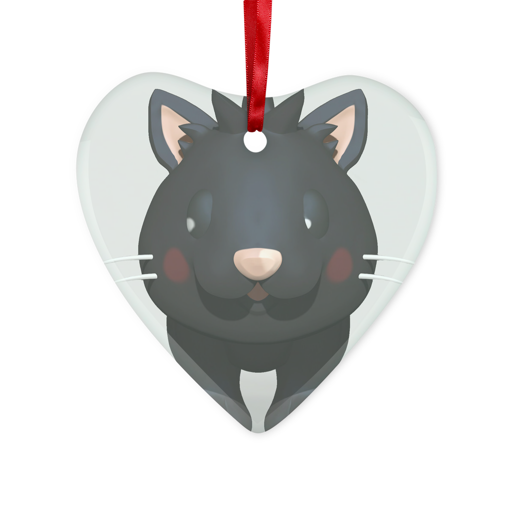 Black Kitty Glass Hanging Ornament with red ribbon and gold string, available in round and heart shapes, beautifully packaged.