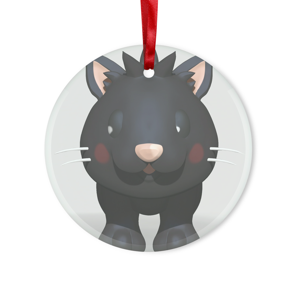 Black Kitty Glass Hanging Ornament with red ribbon and gold string, available in round and heart shapes, beautifully packaged.
