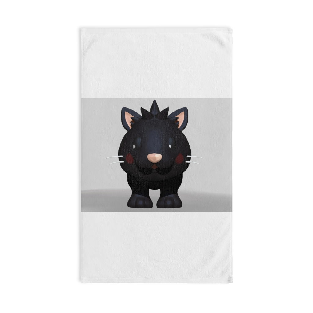 Black Kitty Hand Towel featuring a whimsical black cat design on a soft polyester front and a plush cotton back.