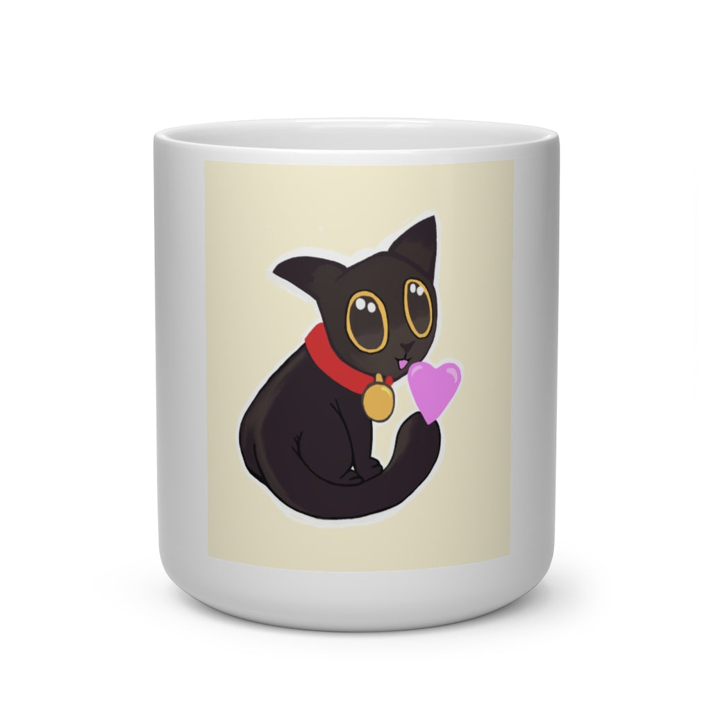 A white ceramic mug shaped like a heart with a black kitty design and a heart-shaped handle, perfect for cat lovers.