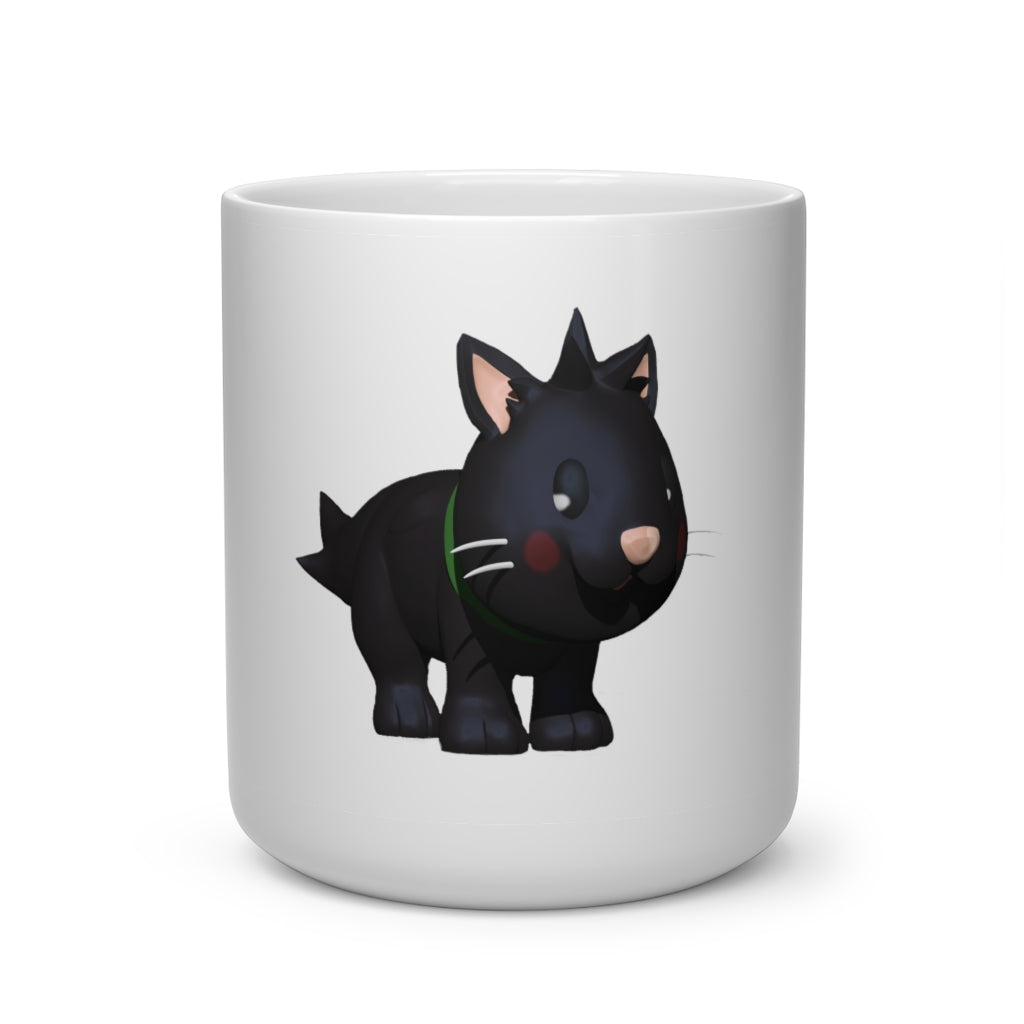 A white ceramic mug with a heart-shaped handle featuring a cute black kitty design, perfect for hot beverages.