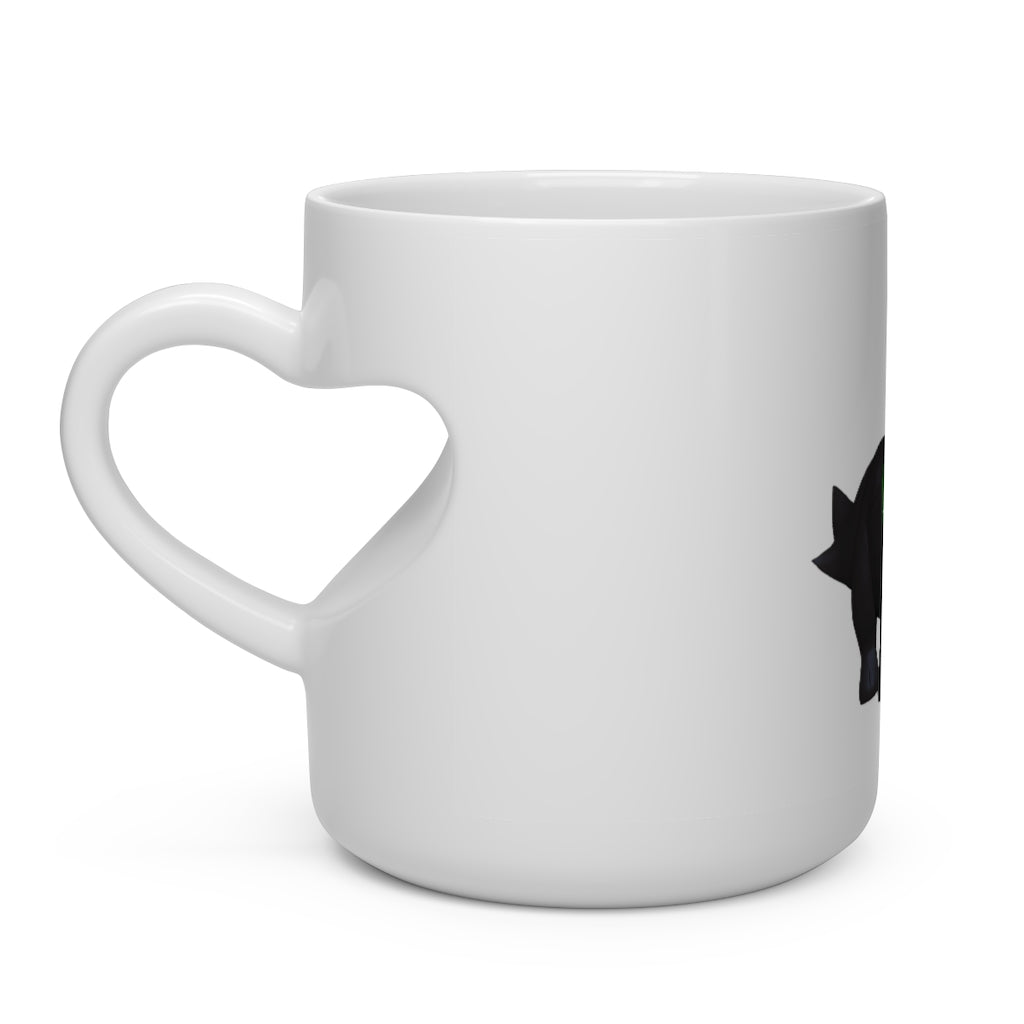 A white ceramic mug with a heart-shaped handle featuring a cute black kitty design, perfect for hot beverages.