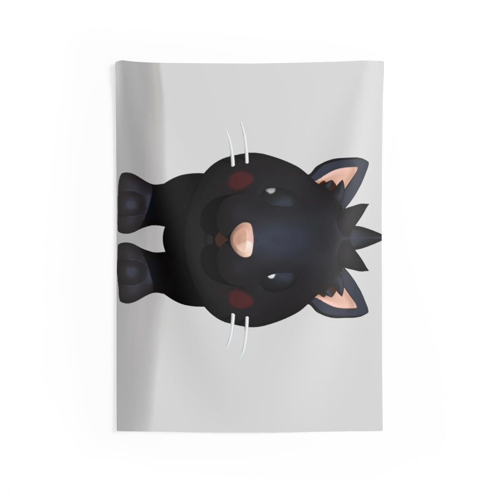 A vibrant Black Kitty Indoor Wall Tapestry featuring a playful cat design, made from durable polyester with hemmed edges.
