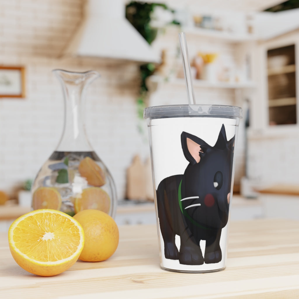 Black Kitty Plastic Tumbler with Straw, featuring a cute kitty design, lid, and reusable straw, perfect for drinks at home or events.