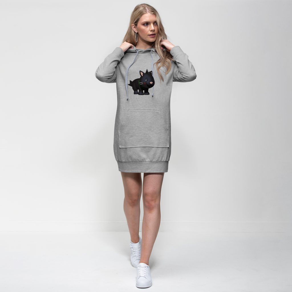 Black Kitty Premium Adult Hoodie Dress featuring a relaxed fit, hood with drawstring, and kangaroo pouch pocket.