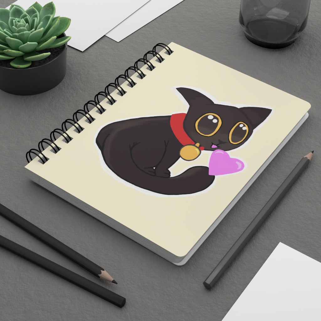 Black Kitty Spiral Bound Journal with glossy cover and lined pages, featuring a whimsical kitty design.