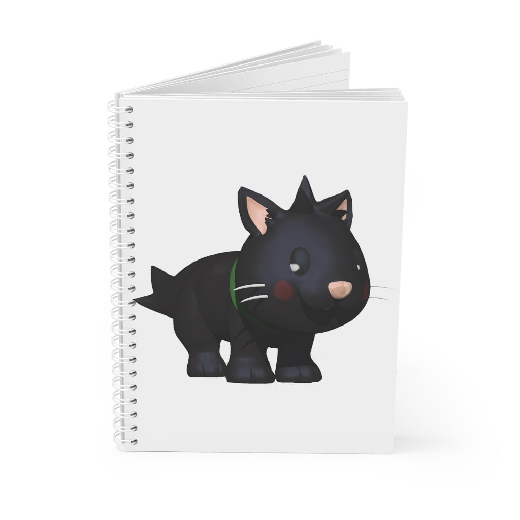 Black Kitty Spiral Notebook with customizable covers and wide-ruled pages, featuring a semi-gloss laminated finish.