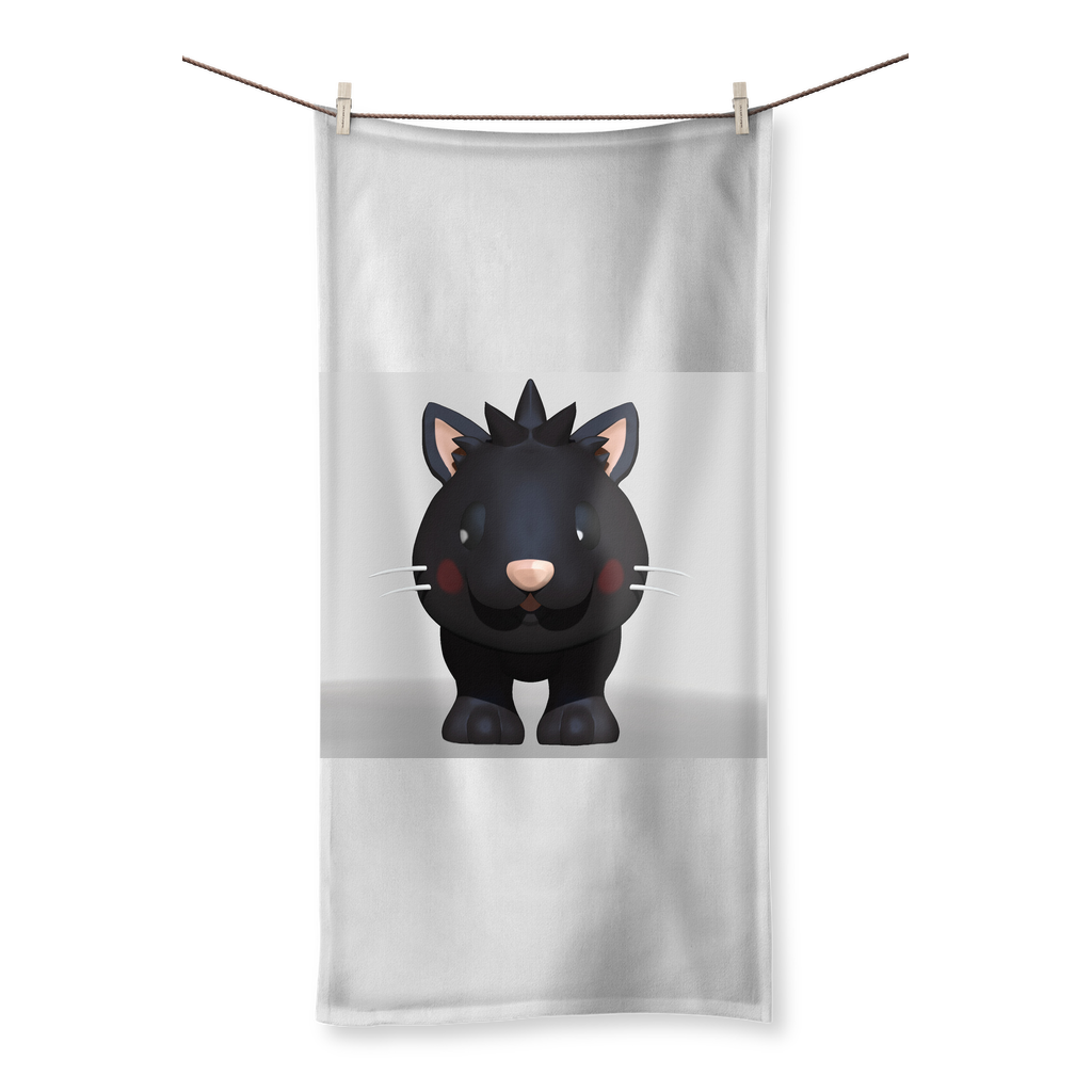 Black Kitty Sublimation All Over Towel featuring vibrant prints on a polyester front and soft cotton backing, available in various sizes.