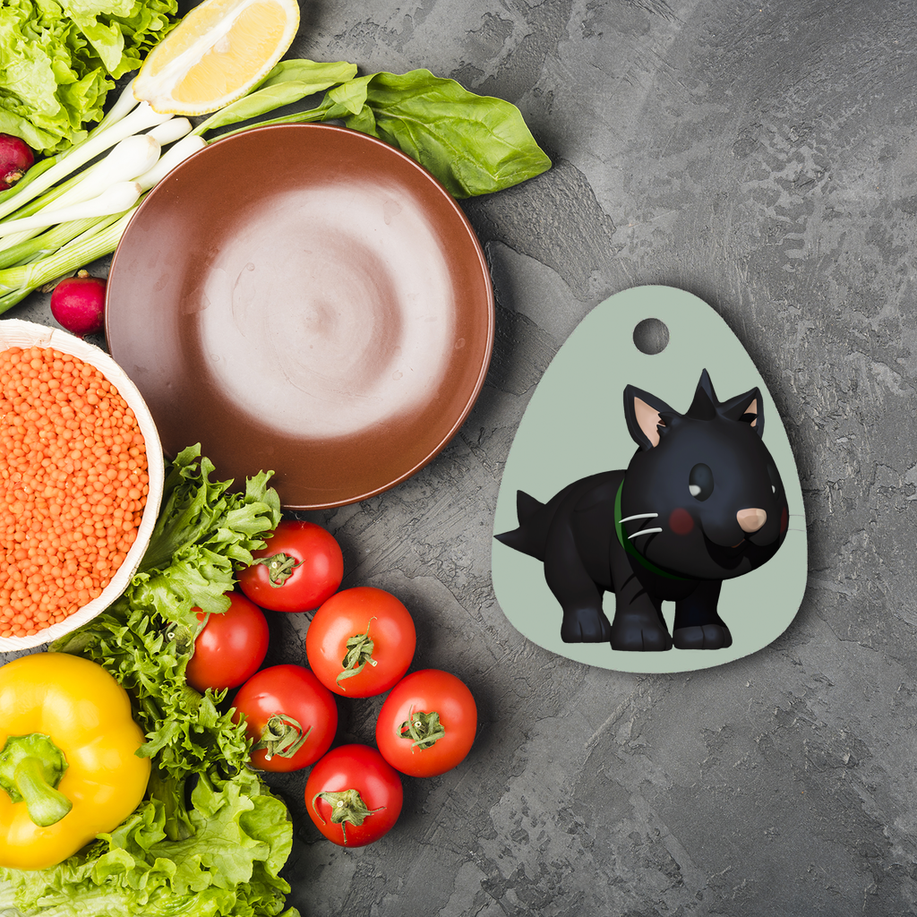 Black Kitty Sublimation Glass Cutting Board with a round shape, featuring a smooth surface for cutting and sublimation, and four rubber feet for stability.