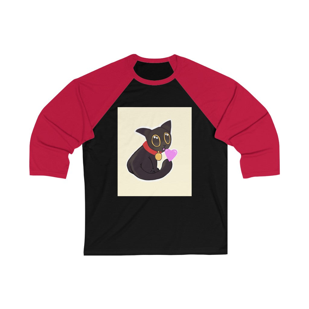 Black Kitty Unisex 3/4 Sleeve Baseball Tee featuring a stylish design with a ribbed collar and comfortable fit.